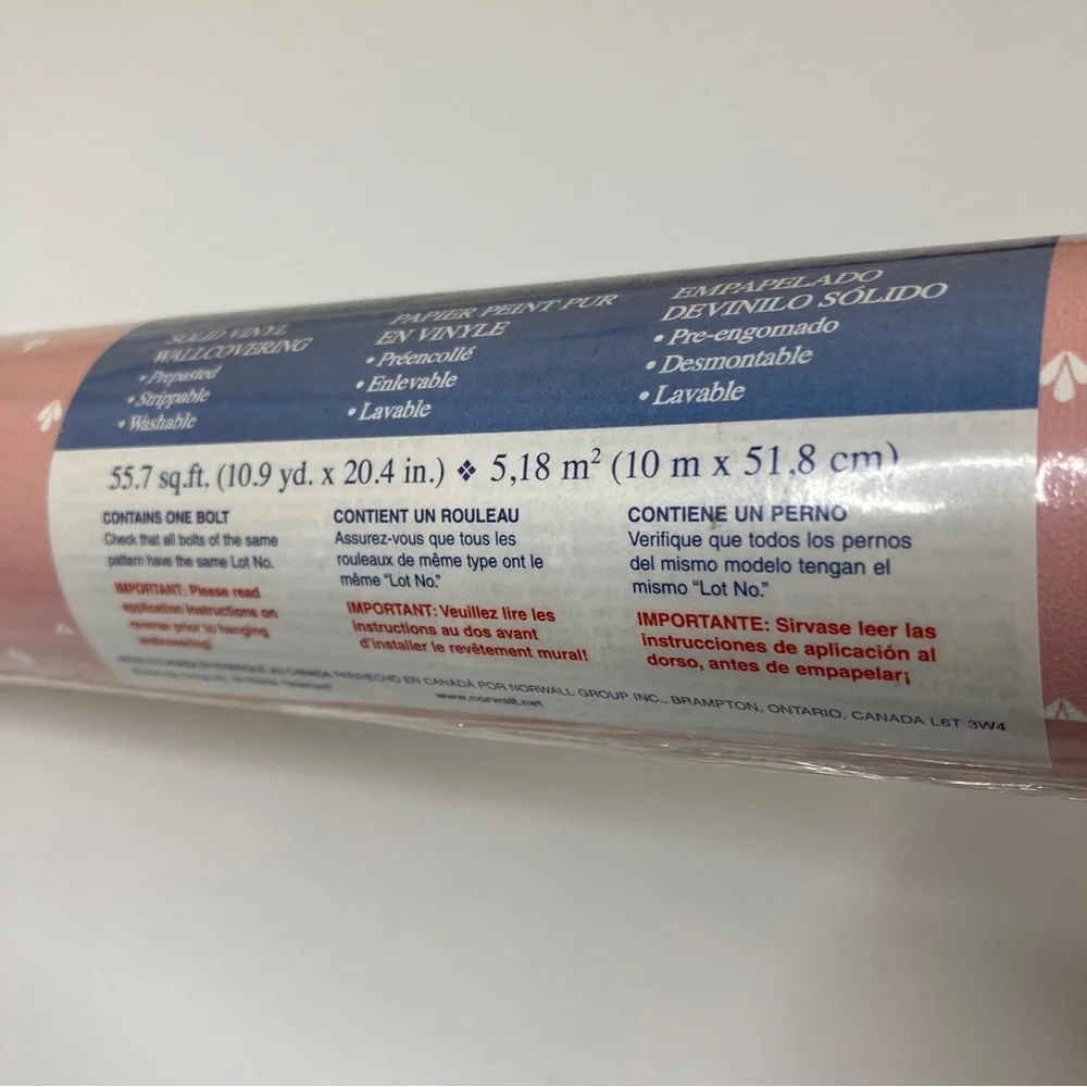 Norwall | Vintage Wallpaper Solid Vinyl Wall Covering Light Pink White NEW